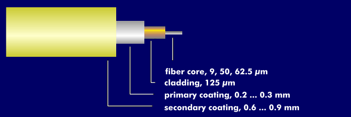 Structure of the glass fiber with core and cladding glass, primary and secondary coating.