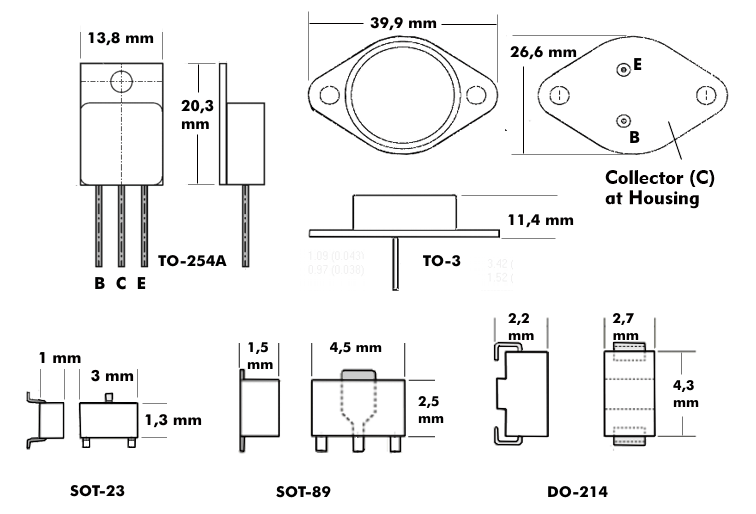 Examples of transistor packages: DO, TO and SOT type