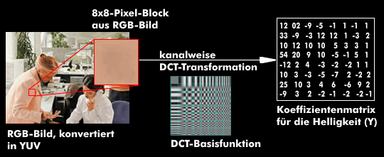 DCT-Transformation eines 8x8-Pixelblocks in eine Koeffizientenmatrix bei JPEG