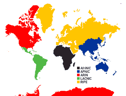 Die fünf weltweit agierenden Regional Internet Registries (RIR), Grafik: netplanet.org
