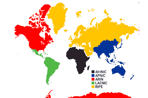 The five Regional Internet Registries (RIR) operating worldwide, graphic: netplanet.org