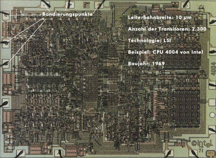 Eine integrierte Schaltung am Beispiel der CPU 4004 von Intel aus dem Jahr 1969