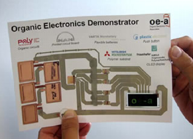 Printed electronic circuit with flexible battery, pushbutton and display, photo: oe-a.org