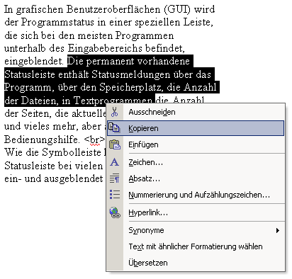 Copy from text document, activated with the right mouse button