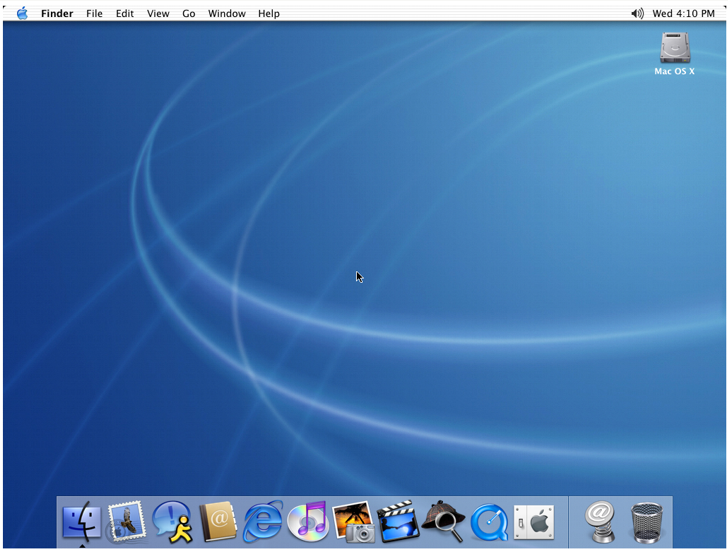Blank desktop of Mac OS X Jaguar, screenshot: guidebookgallery.org. 