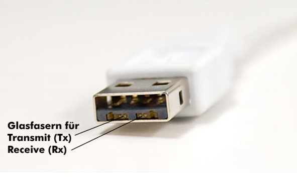 Modifizierter USB-Stecker mit Glasfaseranschlüssen für Light Peak, Foto: Apple