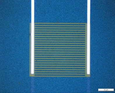 Nanocrystalline SnO2 thin film sensor with 80 nm film thickness. Photo: nanosystemtechnology.com
