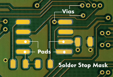 Pads and vias on a PCB coated with solder resist, photo: pcb-pool.com