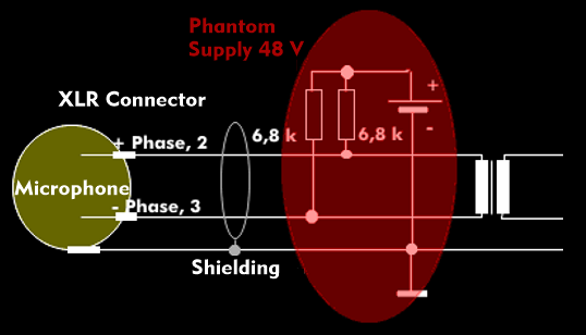 Phantom power with 48 V and XLR connector
