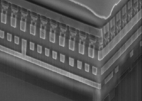 Phase change memory (PCM) on a conventional CMOS chip, Photo: Intel