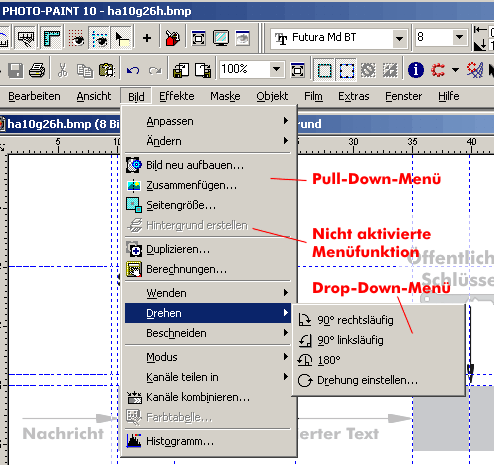 Pull-down and drop-down menus in Corel Photo Paint