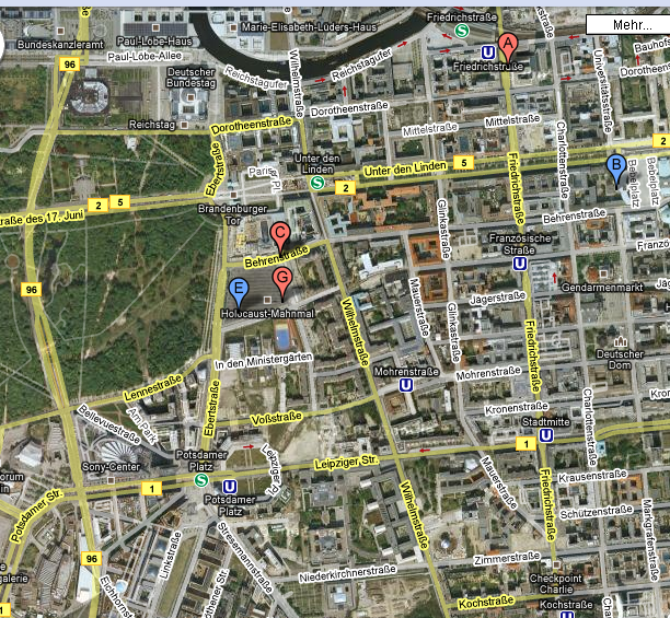 Satellitenaufnahme von Berlin-Mitte mit markierten Denkmälern, GoogleEarth 