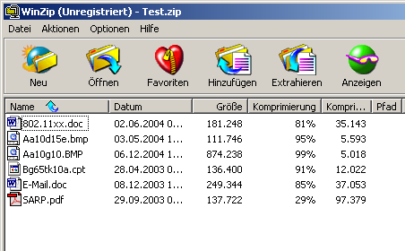WinZip program with different file formats and compression rates