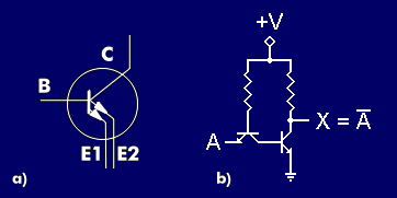 a) Multi-emitter transistor as OR gate, b) TTL logic as NOT gate